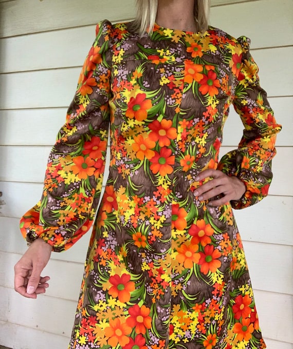 Vintage 70s MIDI Dress Bright Orange and Yellow Fl