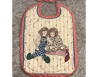 Vintage 1980s Raggedy Ann And Andy Quilted Cloth Baby Bib With Ties