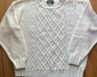 MADEMOISELLE Ivory CableKnit Fisherman Crew Neck Sweater Vtg Size LARGE