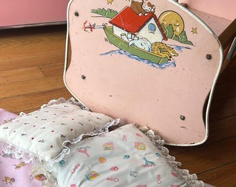 Vintage 50s Baby Doll Toy Rocking Crib cradle Noah’s Ark with Vinyl Lacy Pad, Pillow and Pink Blanket