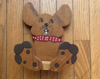 Vintage 90s Handmade Country Mouse Wooden Trinket Wall Shelf Cottagecore Decor