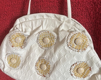 Vintage 70s Leather Snakeskin Floral Ivory Clamshell Purse 11"x7.5" Hippy Boho