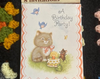 Vintage 80s Cat and Mouse Birthday Party Invitations Package of 8 with Envelopes