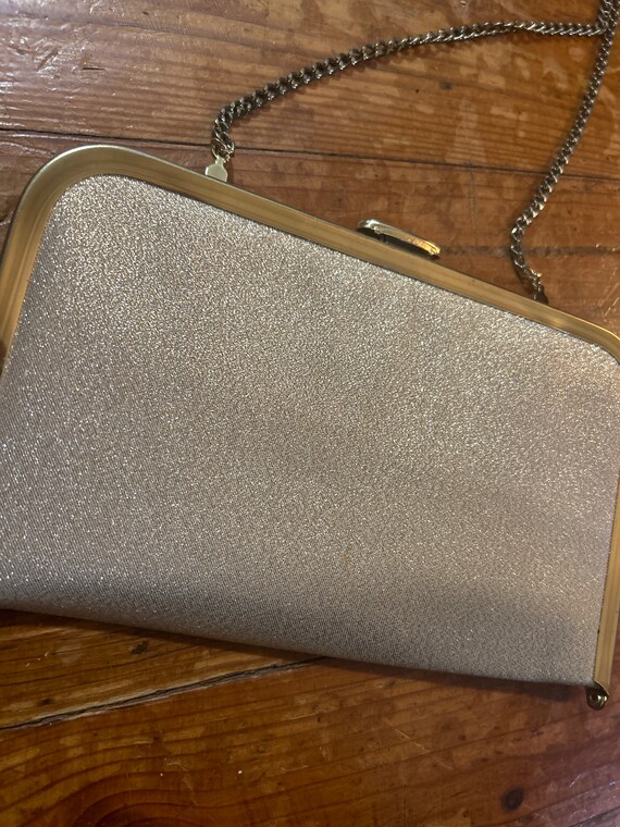 Vintage 60s Gold Sparkle Clutch Handbag with Chain - image 2