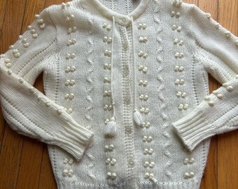Vintage 70s 80s  SMALL Cream Neutral Ivory Cardigan Sweater EUC Preppy Grandma