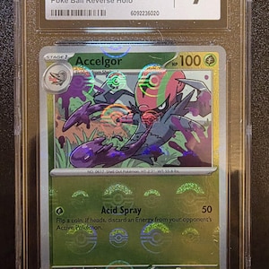 May include: A graded Pokémon card featuring Accelgor, a Stage 1 Pokémon. The card is from the White Flare set, numbered 009/086, and is a Poké Ball Reverse Holo. The card is graded Near Mint 7 by Certified Guaranty Company.