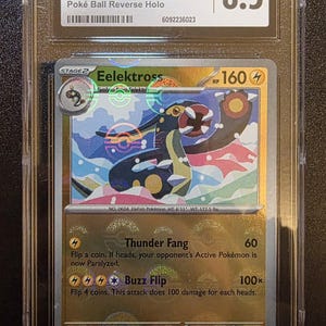 May include: A graded Pokémon card featuring Eelektross, a Stage 2 electric-type Pokémon. The card is from the Black Bolt set, graded NM/MINT+ 8.5. The card has a holographic design and includes the text "Thunder Fang" and "Buzz Flip".