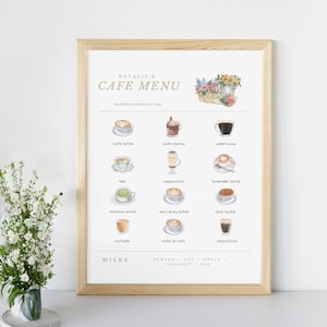 Impressão personalizada da arte do menu do café, personalizável, impressão da arte do café, ideia de presente, arte de parede, presente de amigo, decoração fofa, presente de café