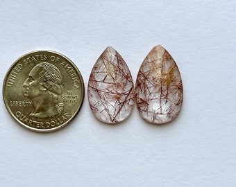 22.5x13.5x4mm, Red Rutile Gemstone, Faceted cut Rutile Pair, Flat Back Rutile Cabochon, Rutilated Quartz Stone, Rose cut Rutile For Jewelry