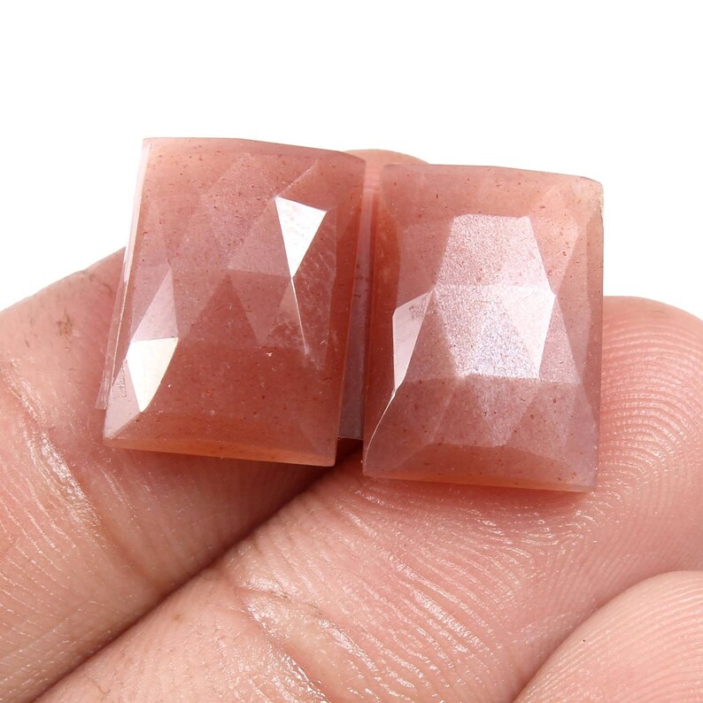 Peach Moonstone Faceted cut Cabochon Pair Natural Peach Moonstone Rose cut Gemstone Pair Rectangle Peach Moonstone Pair 15X10X4mm 12 carat