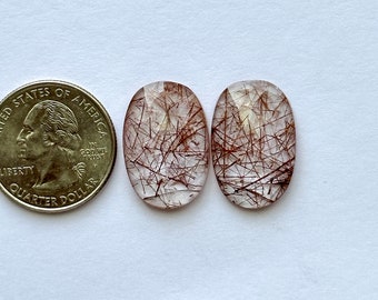 23x15.5x5mm, Red Rutile Gemstone, Faceted cut Rutile Pair, Flat Back Rutile Cabochon, Rutilated Quartz Stone, Rose cut Rutile For Jewelry