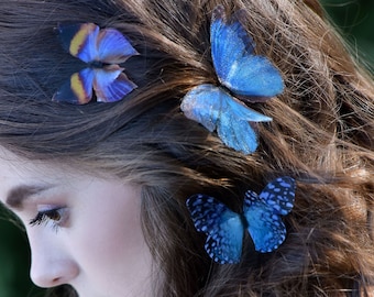 May include: A young woman with long brown hair has three butterfly hair clips in her hair. The butterflies are blue and purple with black spots.