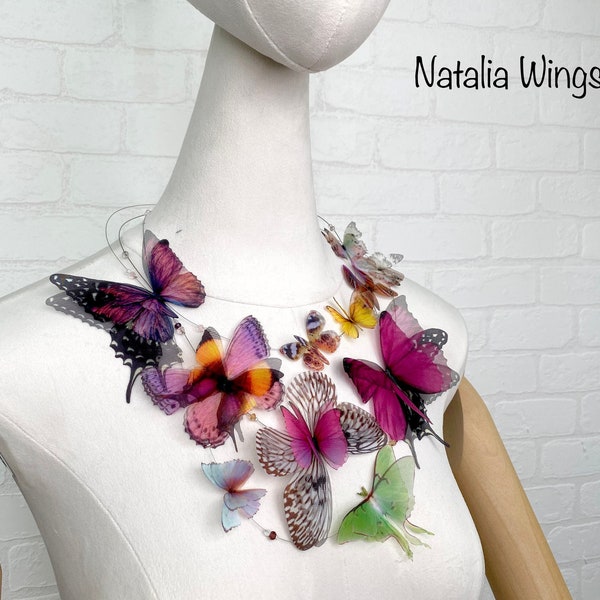 Collier papillons en soie « Fuchsia Dream », ailes Natalia, bijoux papillon, bijoux ailes, bijoux en soie