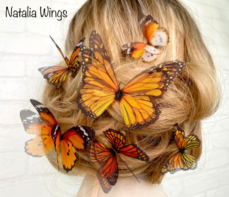 Ensemble de papillons en soie 6 Monarchs, Natalia Wings, Butterfly Jewellery, Wing Jewelry, Hair Pin image 4