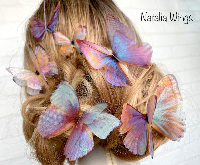 Ensemble de 6 papillons en soie Miracle Wings , ailes Natalia, bijoux papillon, bijoux ailes, épingle à cheveux image 2