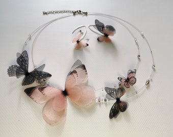 Ketting zijden vlinders "Tender feelings", vlindersieraden, vleugelsieraden, oorbellen, haarspeld