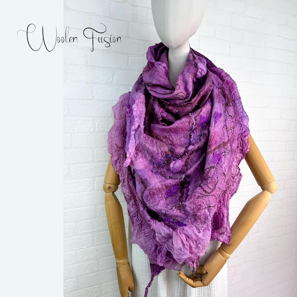 Felting Crimson Shawl is made of Silk and Wool, Woolen Fusion, Handmade Nuno Felted Scarf