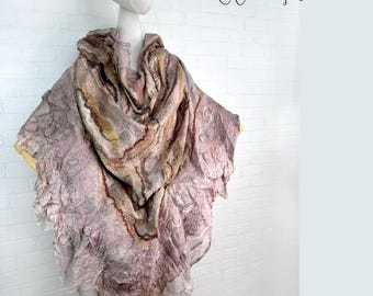 Felting Pudra Shawl is made of Silk and Wool, Woolen Fusion, Handmade Nuno Felted Scarf