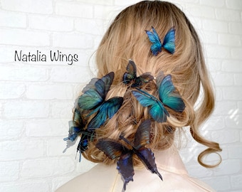 Silk Butterfly set 6 "Emerald Sapphire", Natalia Wings, Butterfly Jewellery, Wing Jewelry, Hair Pin