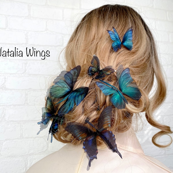 Silk Butterfly set 6 "Emerald Sapphire", Natalia Wings, Butterfly Jewellery, Wing Jewelry, Hair Pin