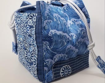 Japanese Rice Style Bag in Blue Waves & Floral Pattern Cotton. Sashiko Stitching (Medium)