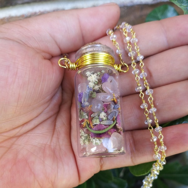 Spell Bottle Necklace // Crystals and Dried Flowers Glass Potion Vial // Witch Supplies // Herbs & Dried Flowers Bottle Spell