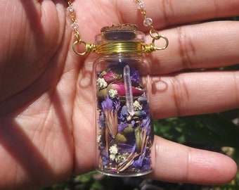 Spell Bottle Necklace // Crystals and Dried Flowers Glass Potion Vial // Witch Supplies // Herbs & Dried Flowers Bottle Spell