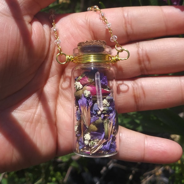 Spell Bottle Necklace // Crystals and Dried Flowers Glass Potion Vial // Witch Supplies // Herbs & Dried Flowers Bottle Spell