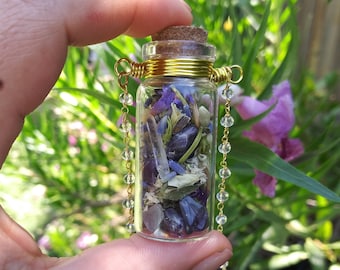 Spell Bottle Necklace // Crystals and Dried Flowers Glass Potion Vial // Witch Supplies // Herbs & Dried Flowers Bottle Spell