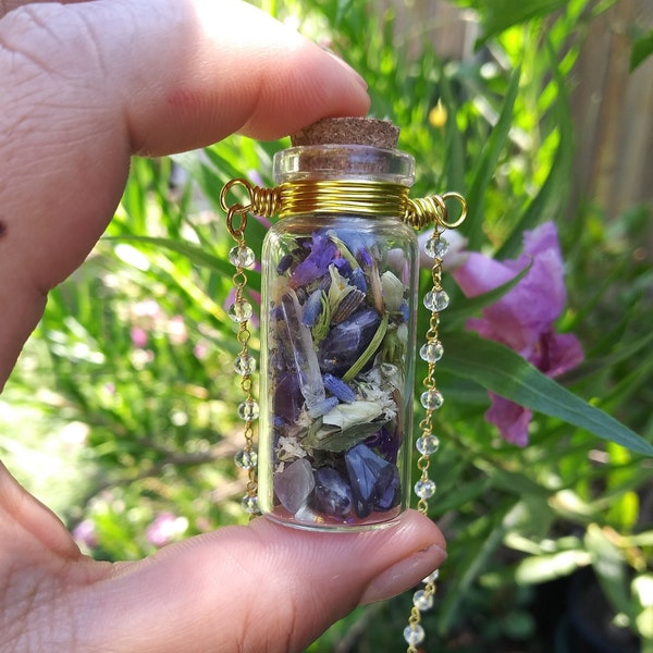 Spell Bottle Necklace // Crystals and Dried Flowers Glass Potion Vial // Witch Supplies // Herbs & Dried Flowers Bottle Spell