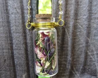 Spell Bottle Necklace // Crystals and Dried Flowers Glass Potion Vial // Witch Supplies // Herbs & Dried Flowers Bottle Spell