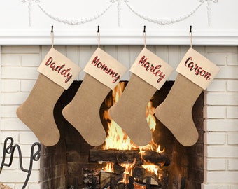 Personalized Farmhouse Burlap and Canvas Christmas Holiday Stockings