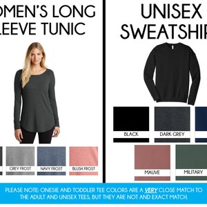 May include: A comparison of color options for a long-sleeve tunic and a unisex sweatshirt. The tunic is shown in black frost, grey frost, navy frost, and blush frost. The sweatshirt is shown in black, dark grey, navy, mauve, and military.