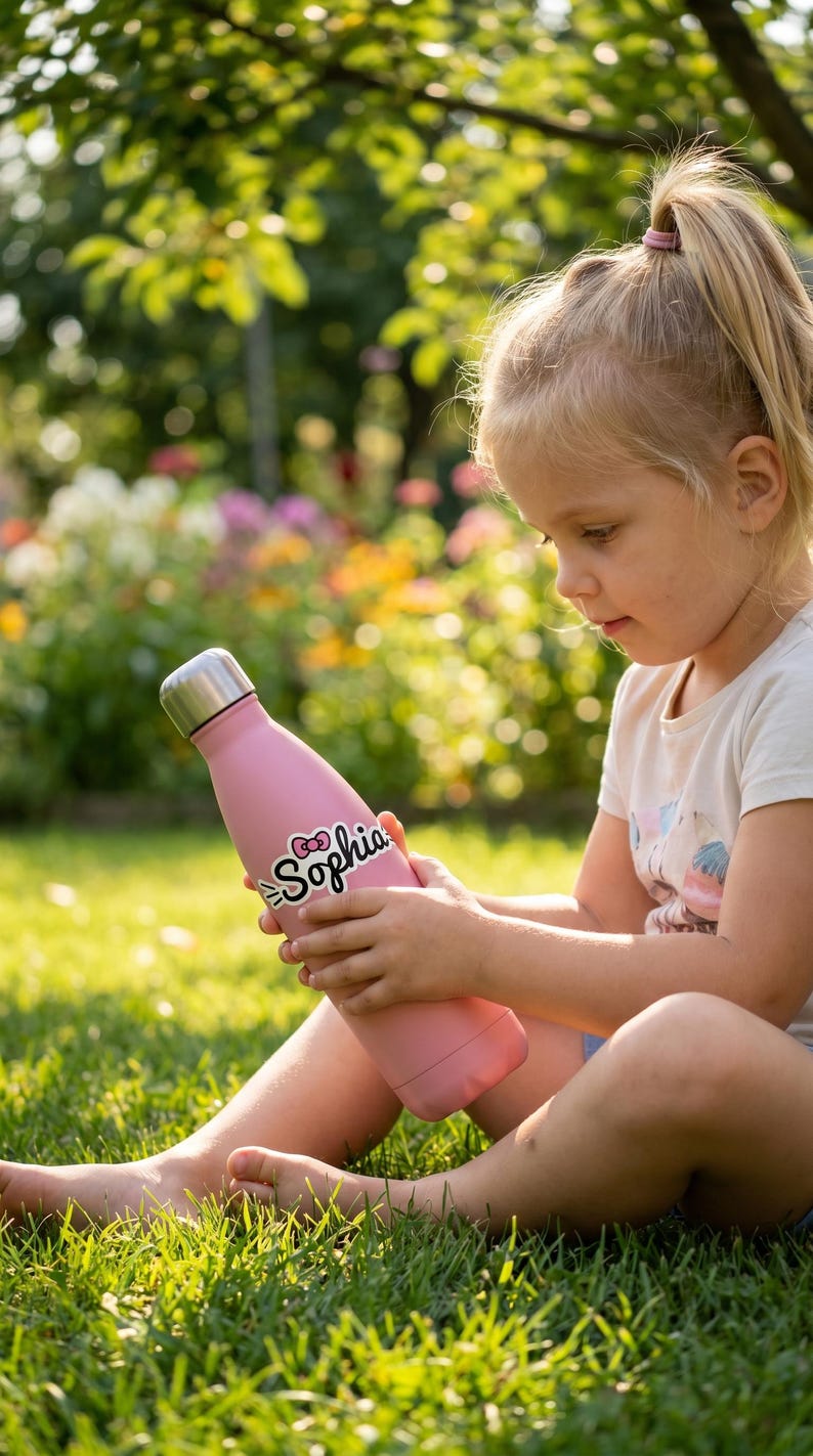 May include: A light pink stainless steel water bottle with a silver cap. The bottle features the name Sophia printed in black script lettering, accompanied by a small red bow graphic positioned above the letter i in the name.