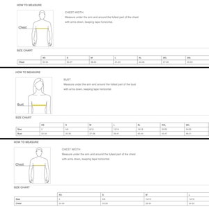 May include: A white size chart for unisex, women, and youth clothing. The chart includes diagrams illustrating how to measure chest and bust, along with size conversions. Text includes "How to Measure" and "Size Chart."