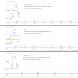May include: Size chart for unisex, women's, and youth clothing. The chart shows measurements for chest and bust in inches for different sizes, from XS to 4XL. The chart also includes instructions on how to measure chest and bust.