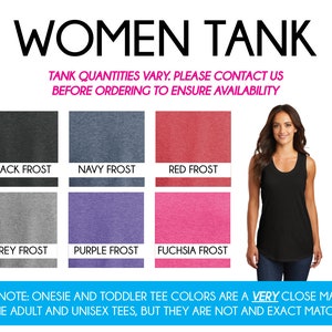 May include: A black tank top with a scoop neck and racerback style. The tank top is shown on a model in front and back views. The image shows a color chart with 10 different color options for the tank top: black, white, black frost, navy frost, red frost, royal frost, grey frost, purple frost, fuchsia frost.
