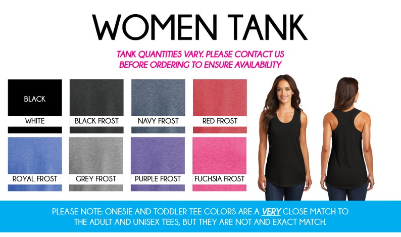 May include: A black tank top with a scoop neck and racerback style. The tank top is shown on a model in front and back views. The image shows a color chart with 10 different color options for the tank top: black, white, black frost, navy frost, red frost, royal frost, grey frost, purple frost, fuchsia frost.