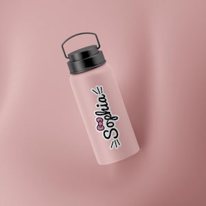 May include: A matte dusty pink water bottle with a black screw-top lid and a carrying handle. A white sticker is applied to the side featuring the name Sophia in black cursive script, accented by a small pink bow and black decorative lines.