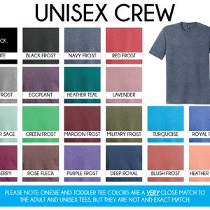 May include: Image of a unisex crew neck t-shirt in a variety of colors, including black, white, navy frost, and red frost. The image also displays color swatches with names like heather sage, green frost, and deep royal. Text at the top reads "UNISEX CREW".
