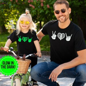 Skeleton Peace, Love and Rock N&#39; Roll Shirt | Daddy and Me Matching Tees | Glow In The Dark Halloween Shirt