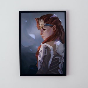 May include: A framed illustration of a woman with red hair wearing a white and gray outfit. The woman is looking over her shoulder. The illustration is set against a blue and white background.