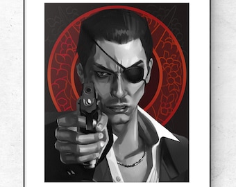 Majima Goro from Yakuza art print. Black & white with red accents version
