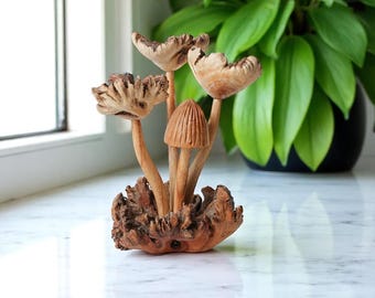 May include: A wooden mushroom sculpture with four mushrooms of varying sizes. The caps have a textured, organic appearance, and the stems are slender. The base is a rough, textured piece of wood. The sculpture is set against a blurred background with a plant.
