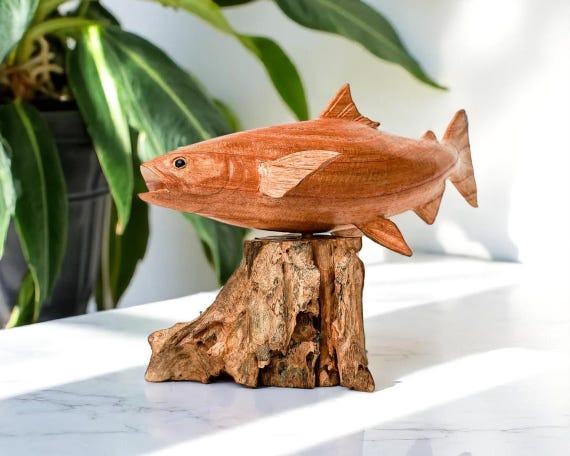 木製の魚の像 幅12インチ / 30 cm テーブル装飾、テーブル像、自然彫刻