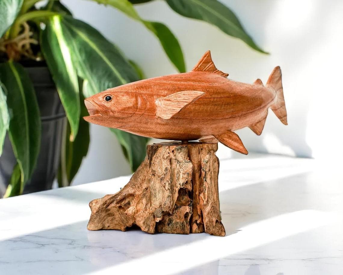 木製　魚の彫刻 約30cm 木製の魚の像 幅12インチ / 30 cm テーブル装飾、テーブル像、自然彫刻