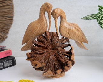 Heron Couple Wooden Carving 8 inch / 21 cm, Statue Figurine, Room Decor, Home Decor, Animal Figurine, Wooden Statue