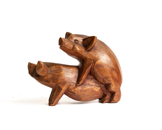 豚のセックス木製彫刻 4インチ / 10 cm、豚の置物、木製置物、ホーム