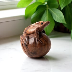 Wooden Frog on Egg 4 Inch / 10 cm, Frog Figurine, Frog Statue, Anniversary Gift, Wedding Gift, Patio Decor, Office Decor, Unique, Animal