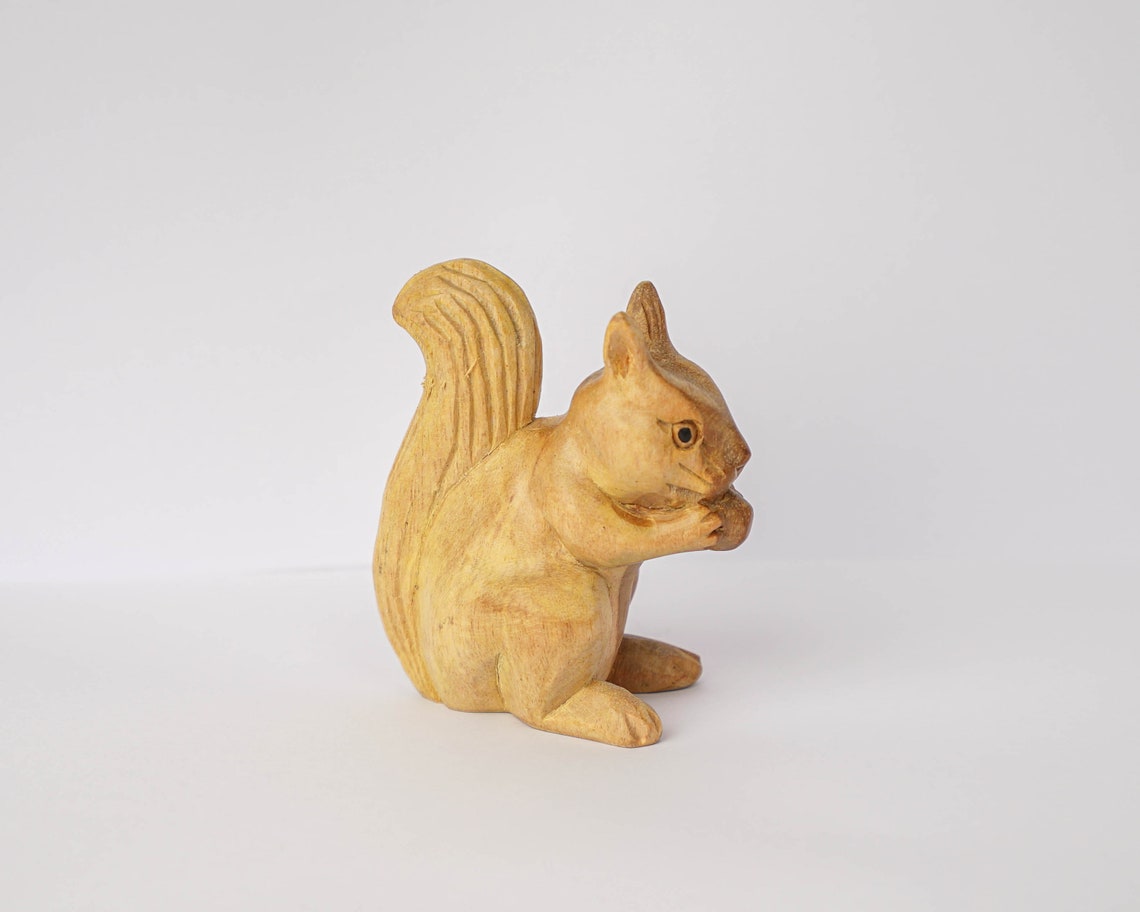 Wooden Squirrel Statue Small Hand Carved Sculpture Wood Etsy